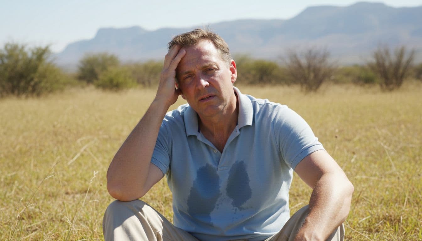 A middle-aged South African person outside in hot summer weather, heavily sweating, looking dizzy and tired, holding head while sitting on grass under the sun, realistic style with natural lighting.