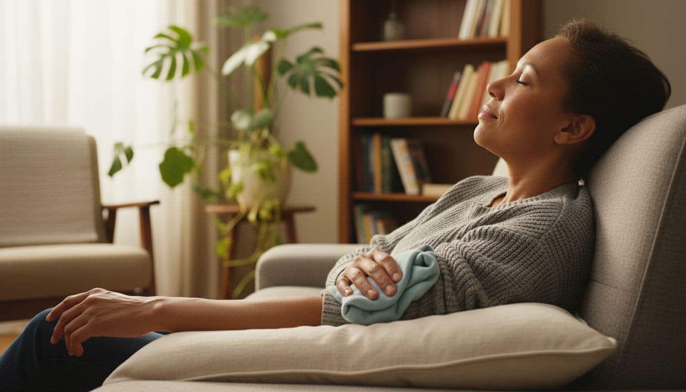 A middle-aged South African person rests their left arm on a pillow with a soft cloth-wrapped ice pack in a cozy home living room with wooden furniture and plants, side view focusing on relaxed face and arm.