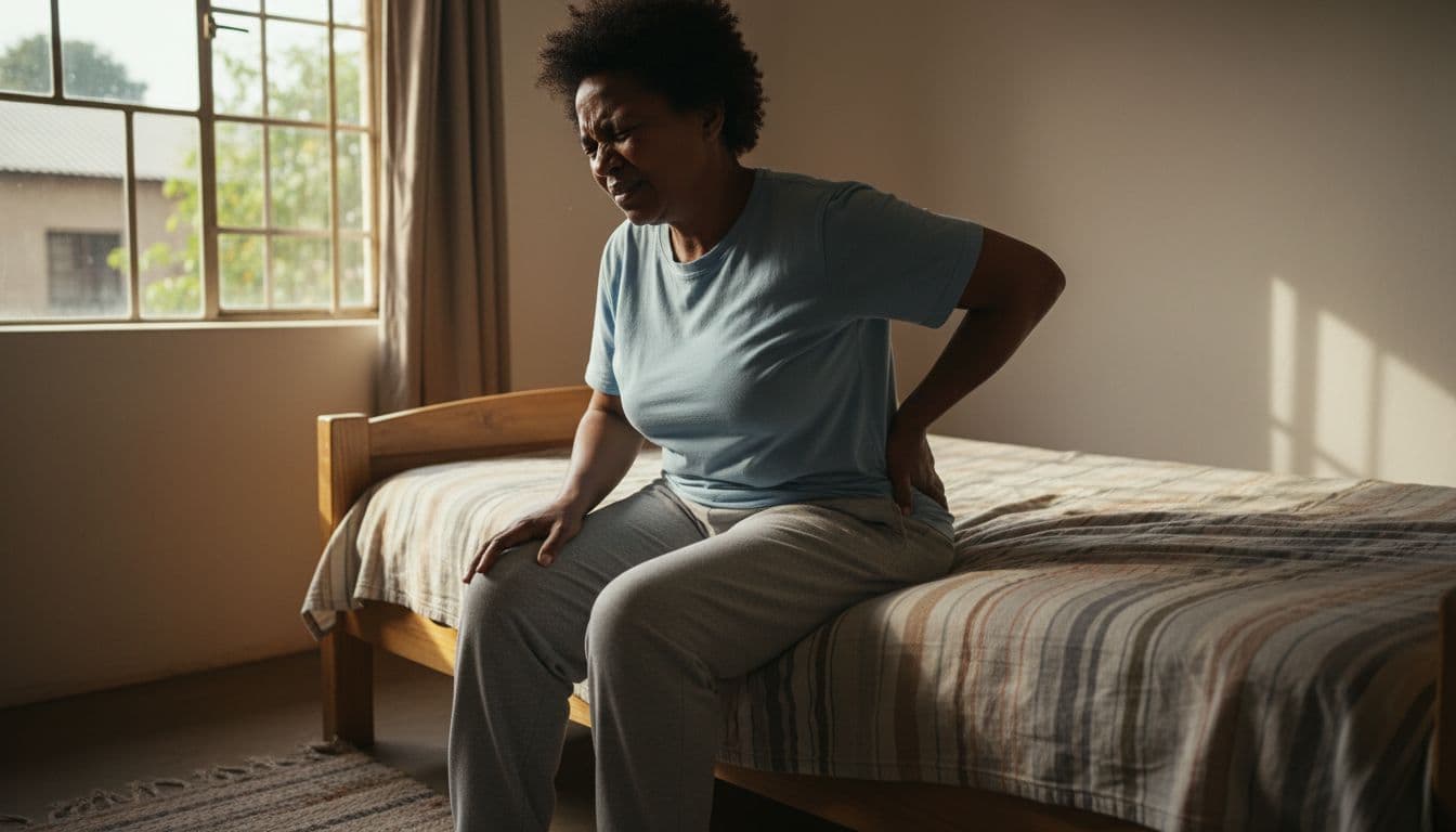 Middle-aged South African person sits on bed edge holding lower back and thigh, grimacing with bent leg in morning light.