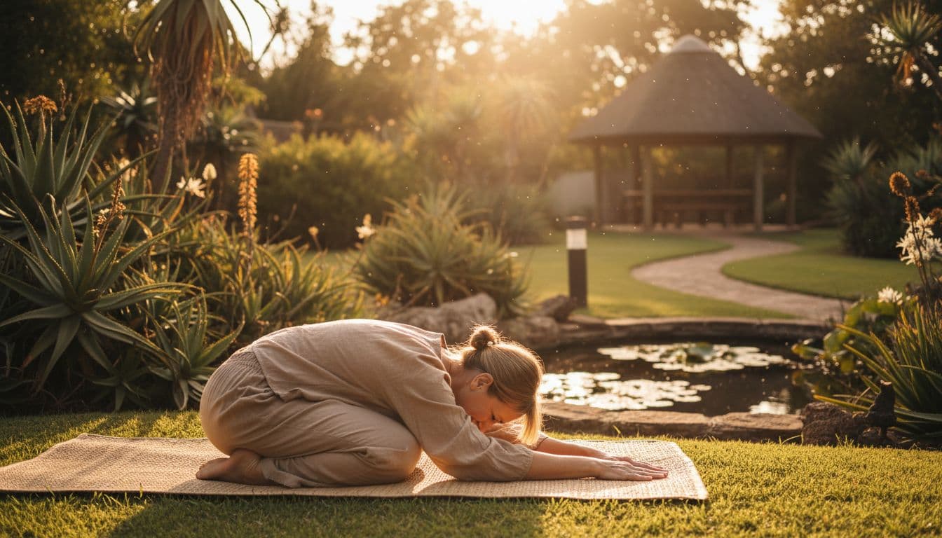A relaxed middle-aged South African woman in comfortable clothes performs a gentle yoga pose in a peaceful garden at dusk, illuminated by warm sunset lighting, promoting relaxation and exercise for hot flash relief.