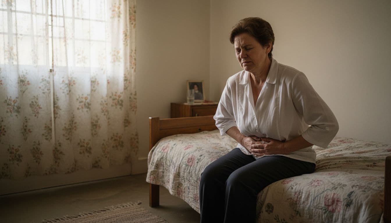 Middle-aged woman sits on bed holding abdomen in discomfort, soft daylight from window.