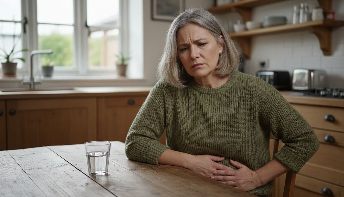 A middle-aged woman sits at a kitchen table with hands on her stomach, showing slight facial discomfort in soft lighting and natural realism.