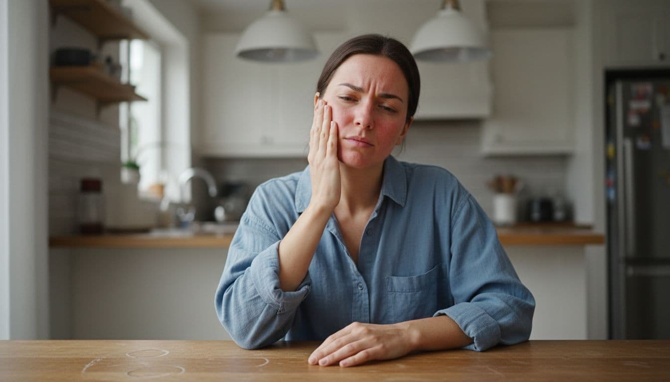 A single adult person with mild facial redness and an itching expression sits at a home dining table after eating, captured in realistic photo style with soft indoor lighting.