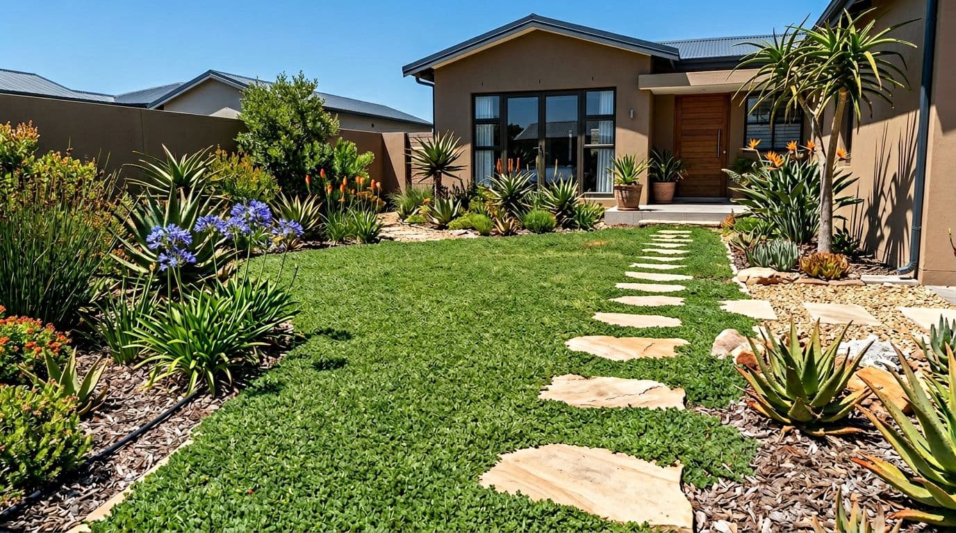 Photorealistic high-resolution landscape of a modern suburban South African front yard garden featuring dense low-water indigenous groundcover lawn with stepping stones, surrounding beds of water-wise plants like aloe, agapanthus, and restios, under bright harsh summer light with realistic shadows and natural textures.