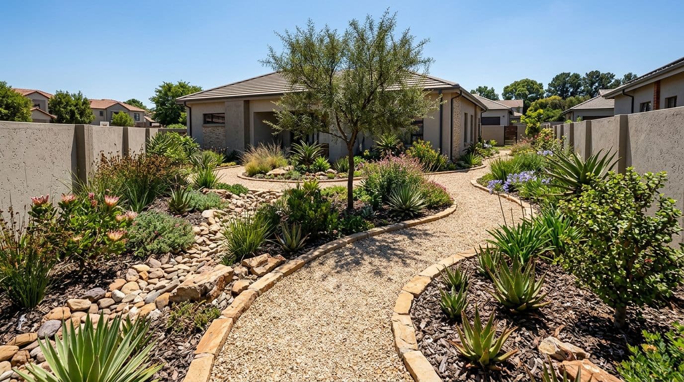 Photorealistic high-resolution landscape of a drought-tolerant no-lawn garden in modern suburban South African style, featuring decorative gravel, stone edging, shrubs, small shade tree, permeable path, and rainwater-friendly contouring under bright summer light with realistic shadows.