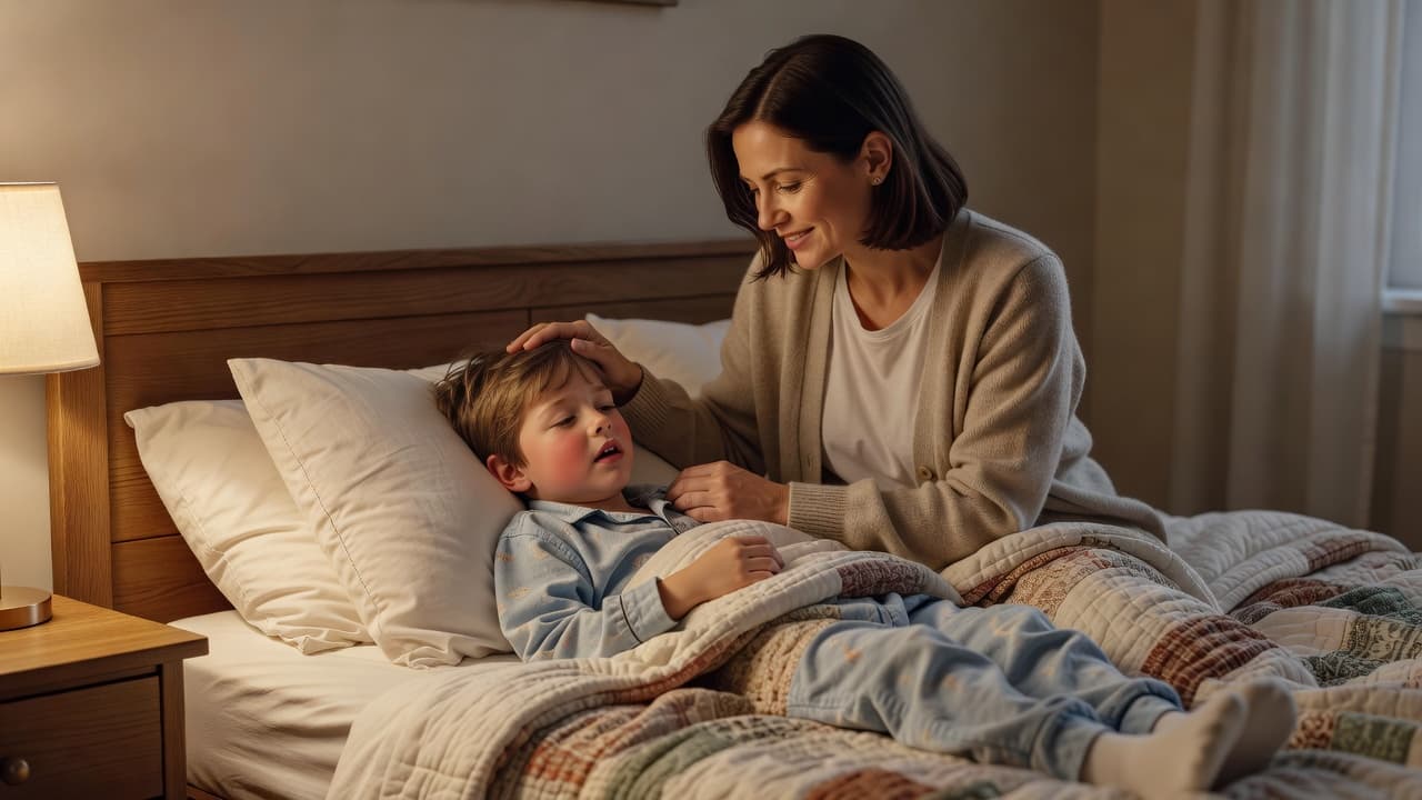 Strepkeel by kinders: Wanneer 'n toets nodig is Natuurlike Medisyne 'n Moeder wat haar siek kind in bed versorg.