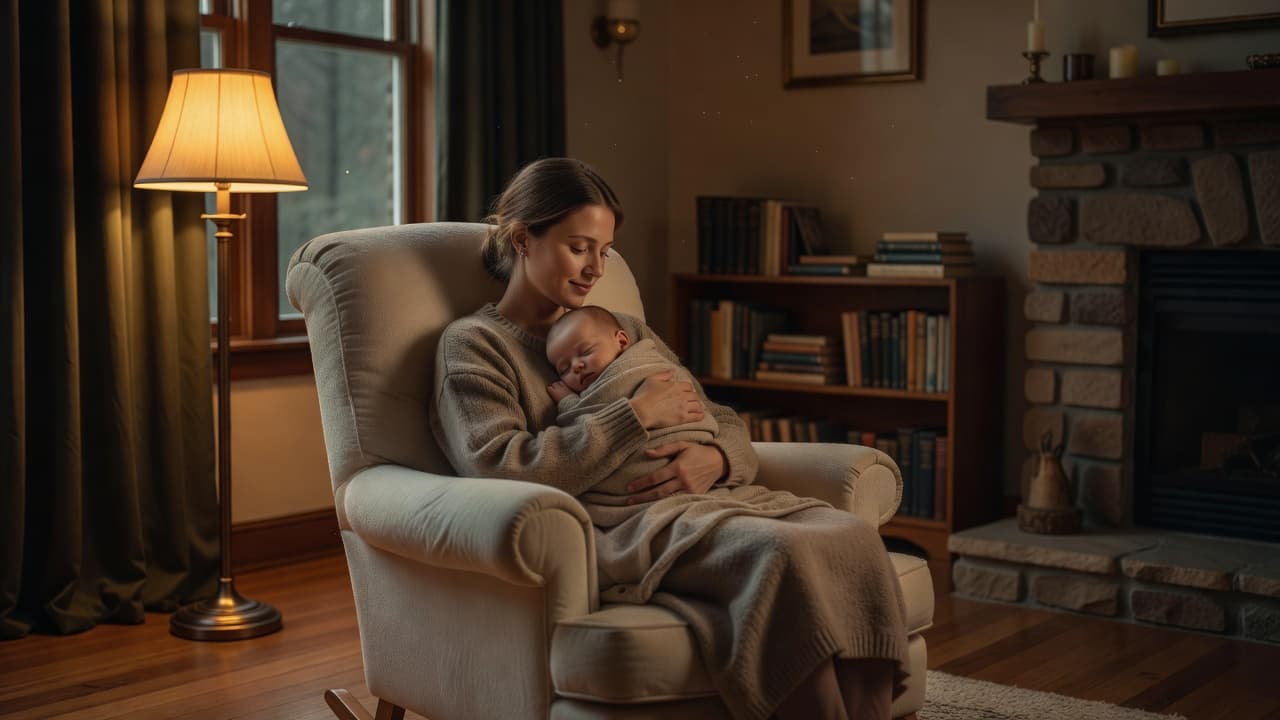 Veilige Boererate vir Koliek by Babas Natuurlike Medisyne A woman sits in a soft armchair, tenderly rocking her wrapped infant in a dimly lit, tranquil living room. The warm glow creates a peaceful atmosphere for the bonding moment.