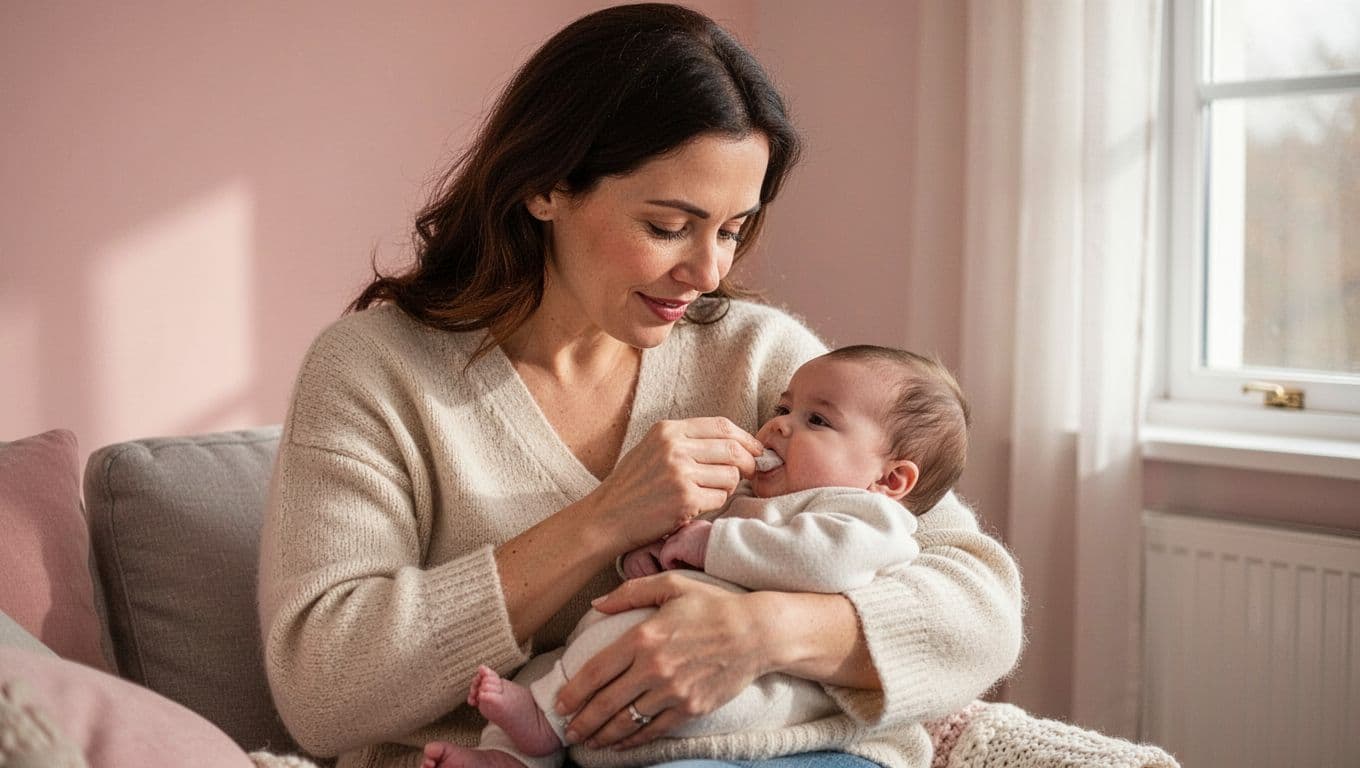 Mondsproei by Babas: Veilige Wenke vir Voeding Natuurlike Medisyne A young mother cradles her newborn gently in a cozy chair bathed in soft morning light. The quiet moment captures the intimate connection between the pair within a serene room.