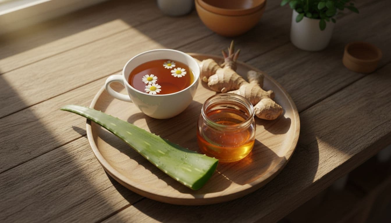 Assortment of natural remedies including chamomile tea cup, fresh ginger root, honey jar, and aloe vera leaf on a wooden tray in a cozy kitchen with warm natural light, photorealistic top-down view.