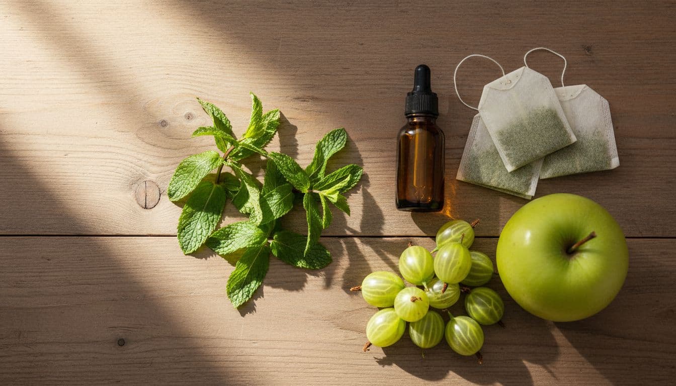 Top-view composition of natural remedies on a serene wooden table, featuring cruciferous leaves, clove oil bottles, green tea bags, fresh gooseberries and apple, with soft sunlight from the window. Photorealistic image, no people, text, labels or watermarks.