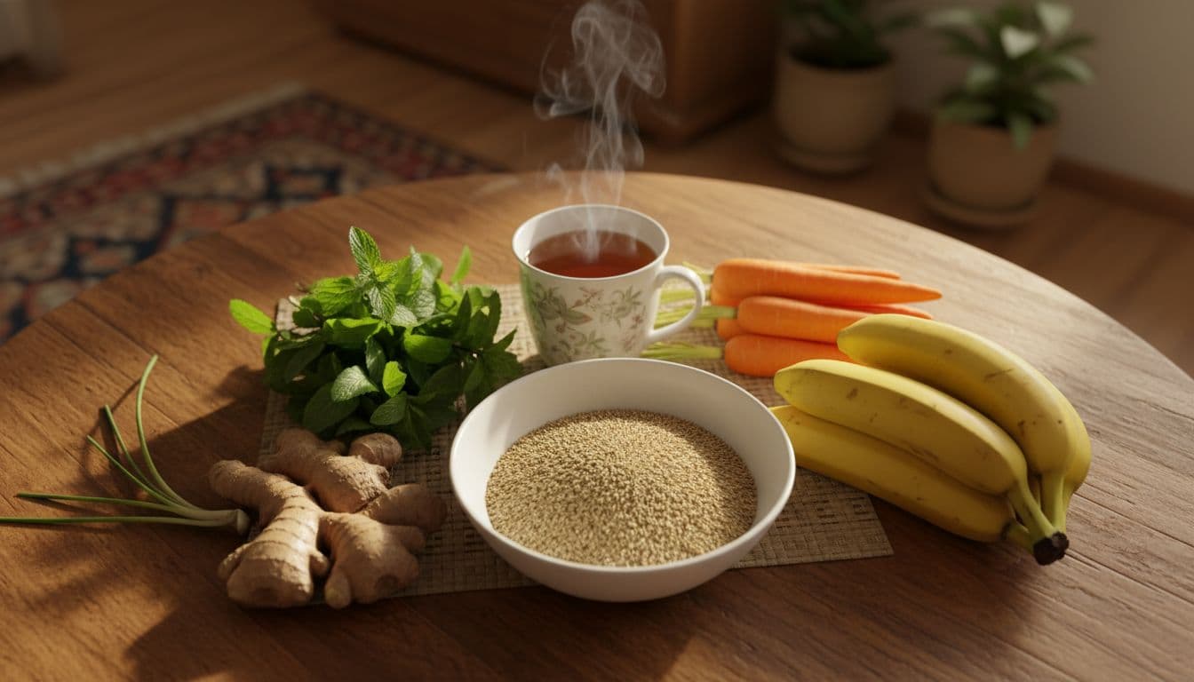 Ginger root, peppermint leaves, psyllium husk in bowl, steaming herbal tea, carrots, and bananas on wooden kitchen table.
