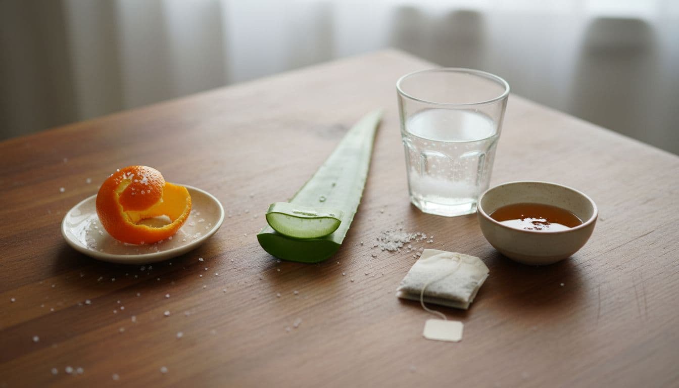 Kitchen table top view shows fresh aloe vera leaf, salt in water glass, honey pot, chamomile tea bag, and lemon peel with salt.