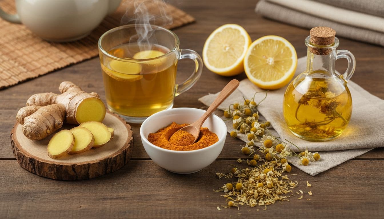 Top-down view of wooden table with sliced ginger, turmeric powder, chamomile flowers, lemon halves, arnica oil jar, and steaming ginger tea.