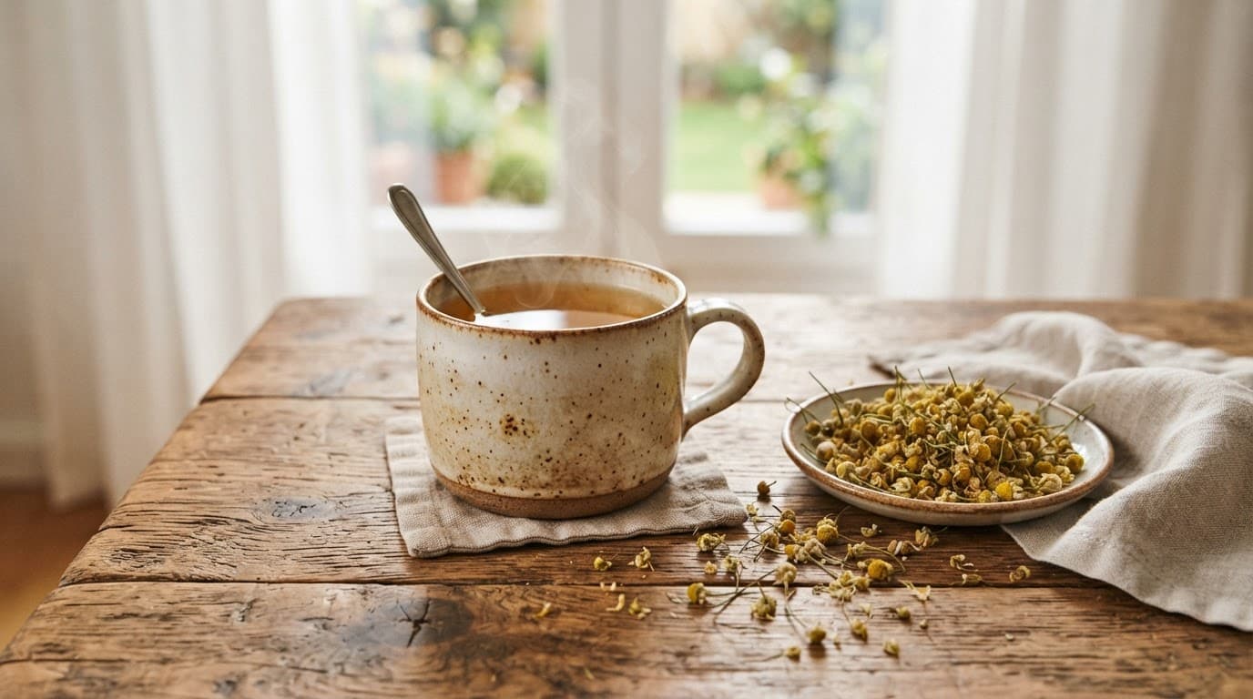 Bednatmaak Kinders: Wat Is Normaal en Wanneer Kry Jy Hulp? Natuurlike Medisyne n Keramiekbeker met kruietee en vars kamilleblomme op n houttafel.