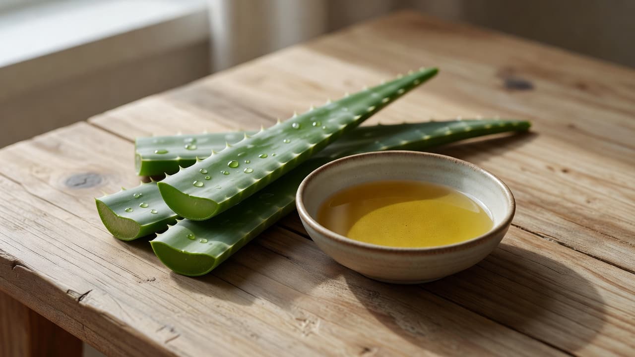 Skeeruitslag of ingroeihaartjies: minder ontsteking Natuurlike Medisyne Vars aalwynblare en 'n klein bakkie met natuurlike olie is elegant gerangskik op 'n tekstuurryke houttafel. Sagte, natuurlike lig verlig die skoon, minimalistiese komposisie van hierdie kalmerende velsorgomgewing.