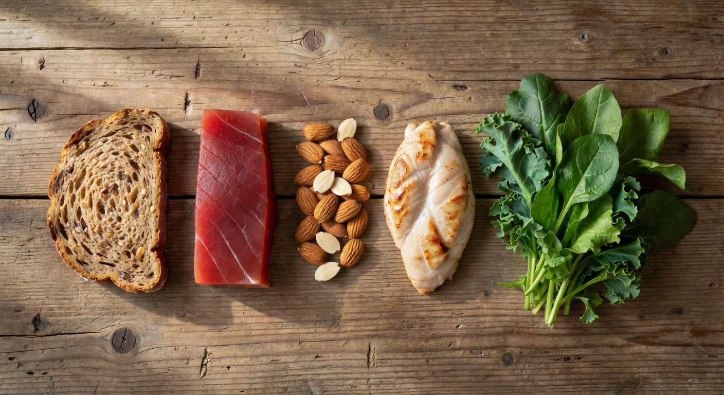 A rustic wooden surface displays an assortment of nutritious items including whole grain bread, grilled chicken breast, fresh tuna, leafy greens, and almonds. Soft directional lighting highlights the varied natural food textures.