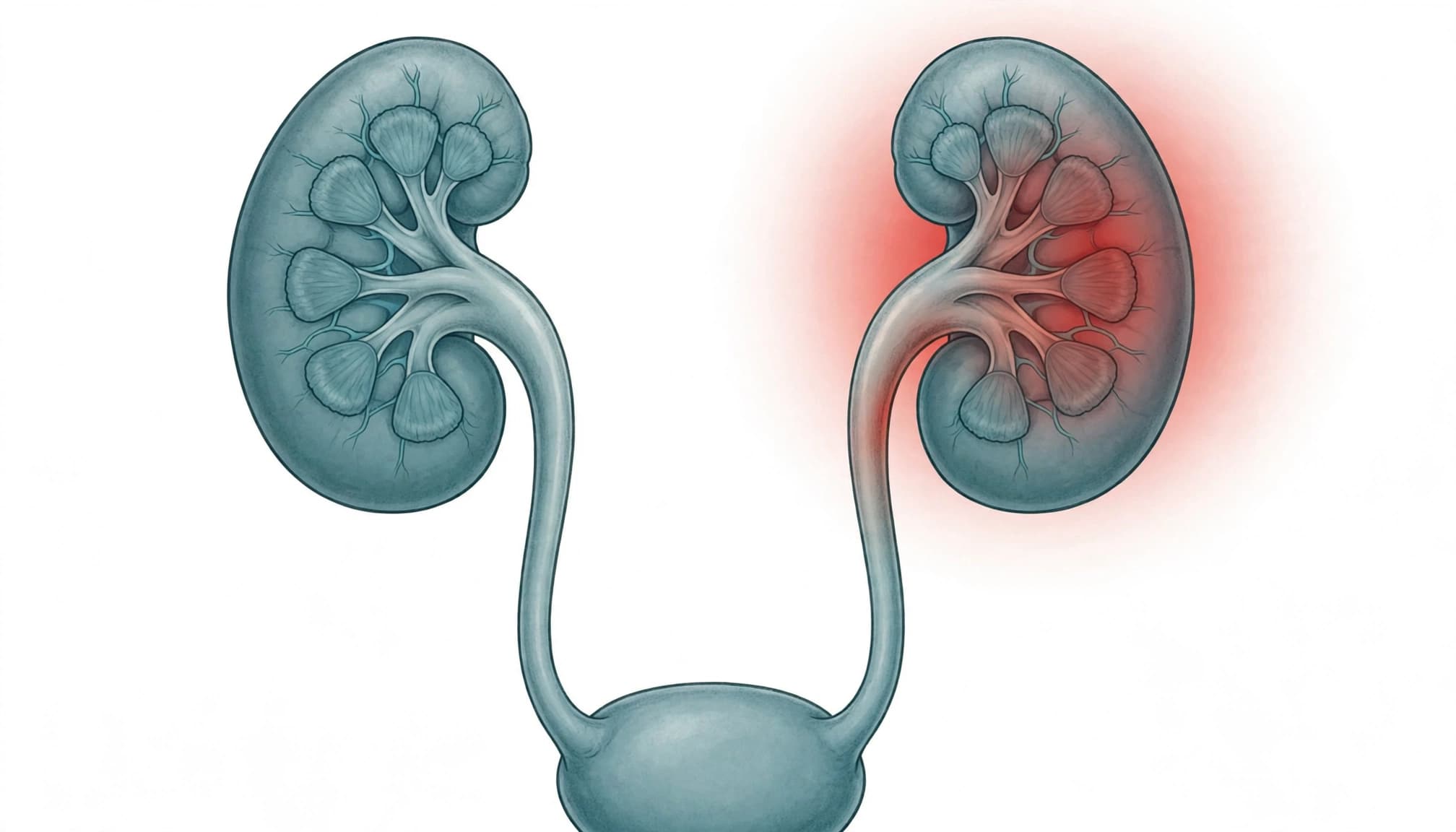 Twee niere, ureters en 'n blaas, met 'n rooi gloed om een nier.