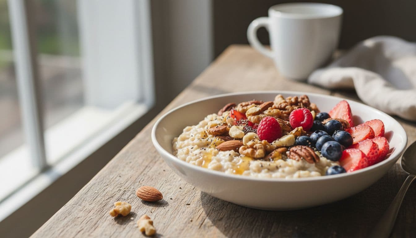 A rustic wooden bowl filled with creamy oats is topped with fresh raspberries and crunchy walnuts. Soft morning light streams across the textured table surface, highlighting the vibrant colors of ingredients.