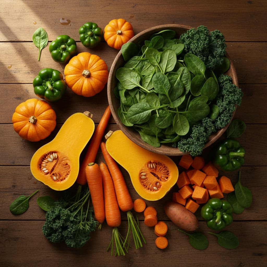 A top-down view of fresh carrots, sweet potatoes, spinach, and butternut squash arranged on a wooden surface.
