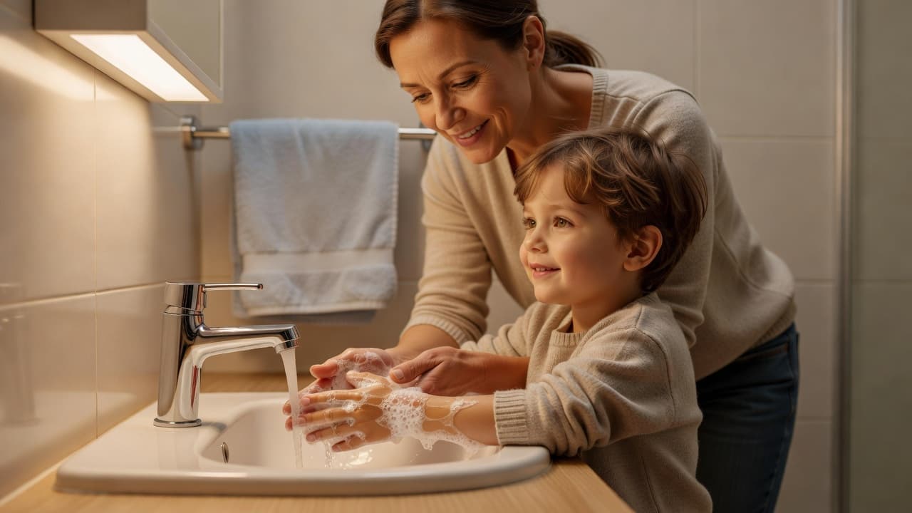Ooggriep By Kinders: Hou Verspreiding In Die Huis Teen Natuurlike Medisyne In 'n helder badkamer help 'n liefdevolle ouer 'n kleuter om sy hande onder die kraan te was. Die sagte beligting beklemtoon die skoon omgewing terwyl hulle saam die belangrike higiëneroetine oefen.