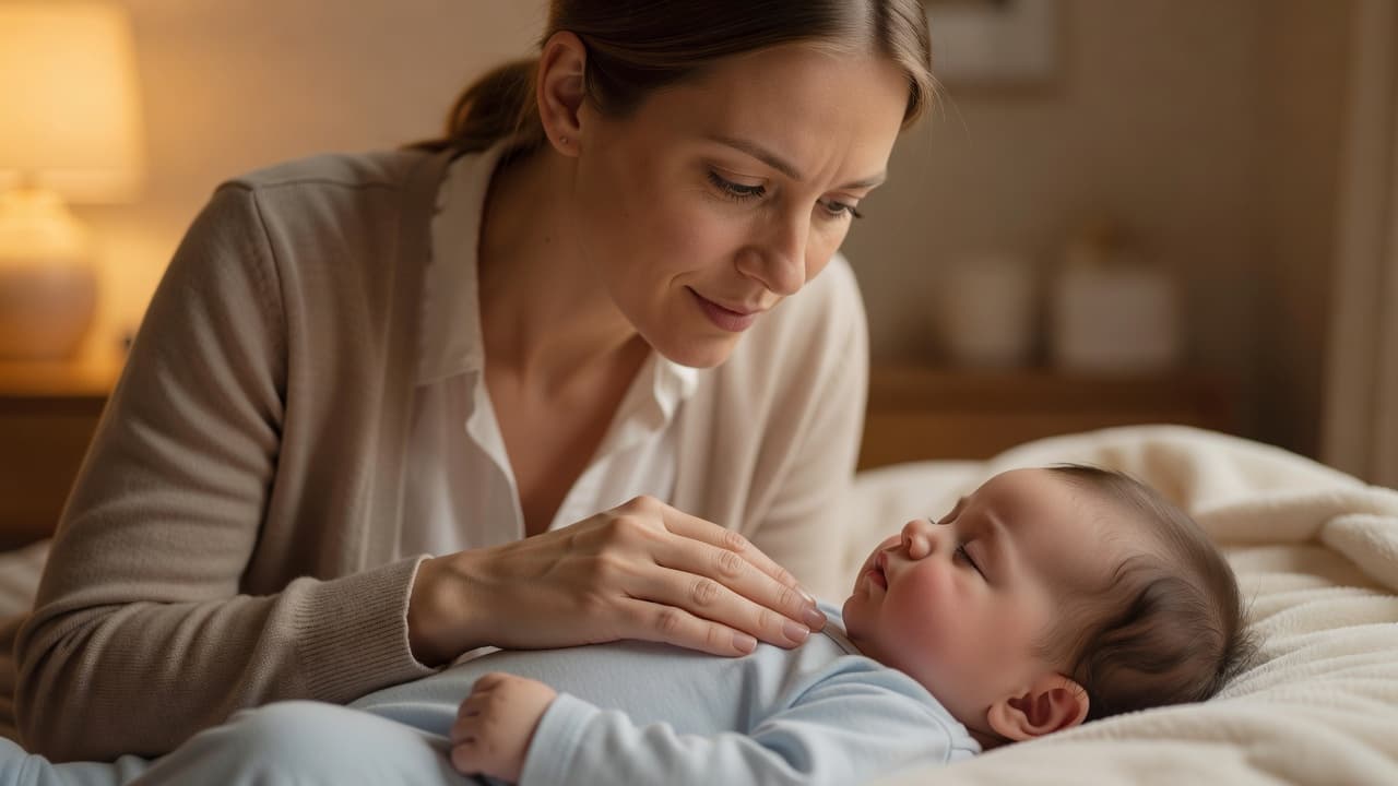 RSV simptome by babas: rooi vlae om vinnig raak te sien Natuurlike Medisyne 'n Besorgde ouer plaas saggies 'n hand op die baba se borskas om die asemhaling te monitor in 'n warm, gedempte kamer. Die sagte beligting beklemtoon die ernstige dog liefdevolle atmosfeer tydens die ondersoek.