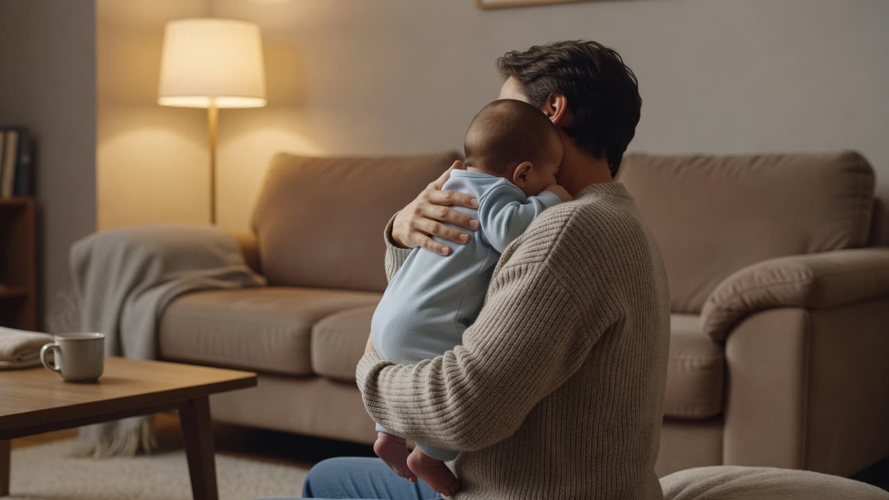 Veilige Boererate vir Refluks by Babas Natuurlike Medisyne A caregiver gently supports a tiny infant in an upright position against their shoulder within a cozy living room. Soft indoor light highlights the intimate bond during this essential soothing routine.