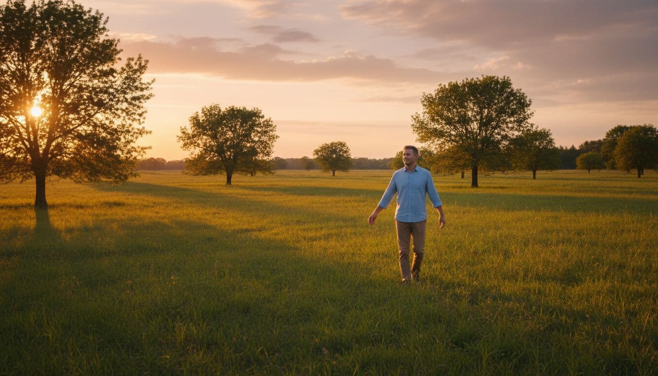 A person walks calmly through a lush green field with trees, swinging arms lightly in sunset light, conveying relaxation and fresh air in a natural landscape.