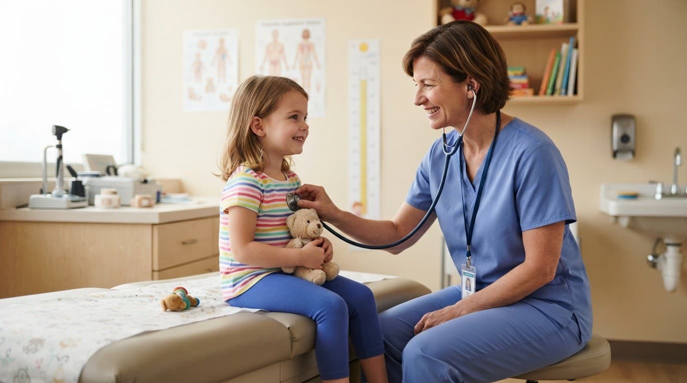 Knoppiebatterye by kinders: tyd vir mediese hulp Natuurlike Medisyne 'n Pediater ondersoek 'n jong kind in 'n helder kliniekkamer.