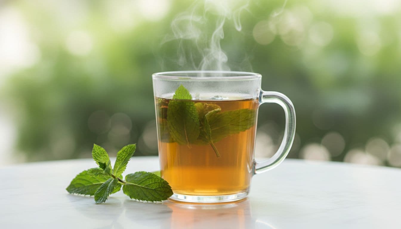 Transparent glass of peppermint tea with green leaves and sprigs on white marble table, light steam rising.