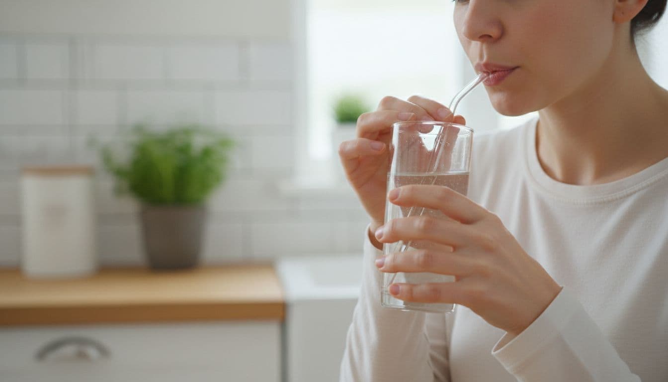 Person sips saltwater from glass via straw, hands holding naturally, kitchen background.