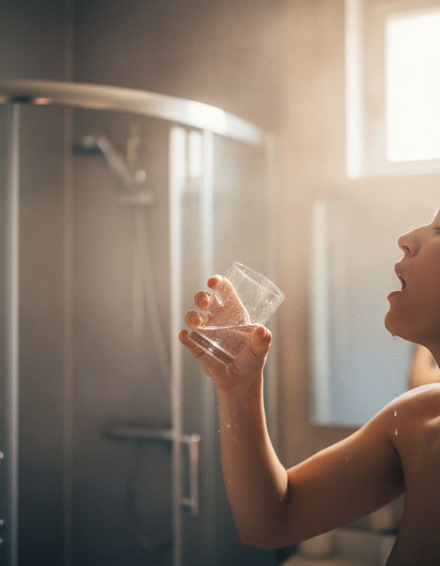 Person gargles salt water from glass in steamy bathroom.