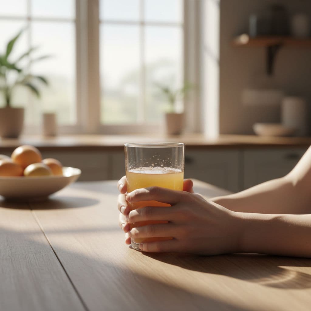 A tired individual holds a glass of fruit juice at a kitchen table in morning sunlight.
