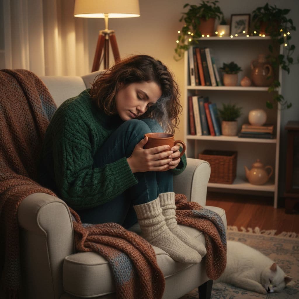 Jodiumtekort simptome: wanneer koue hande en moegheid meer beteken Natuurlike Medisyne A tired person sits indoors wrapped in cozy clothing while holding a warm mug of tea.