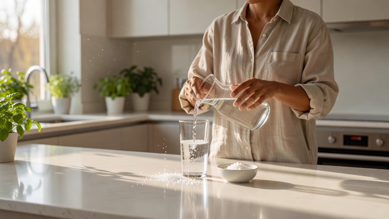 Natriumtekort simptome agter hoofpyn en verwardheid Natuurlike Medisyne A person pours clear water from a glass carafe into a drinking tumbler within a sunlit, modern kitchen. Soft morning light reflects off the glassware to highlight daily hydration habits.