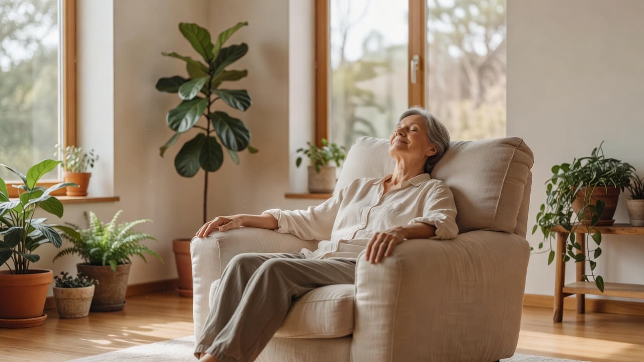 A calm individual sits comfortably in a sunlit room featuring minimalist decor. Soft natural light streams through a window, highlighting the tranquil atmosphere perfect for recovery and mindful resting periods.