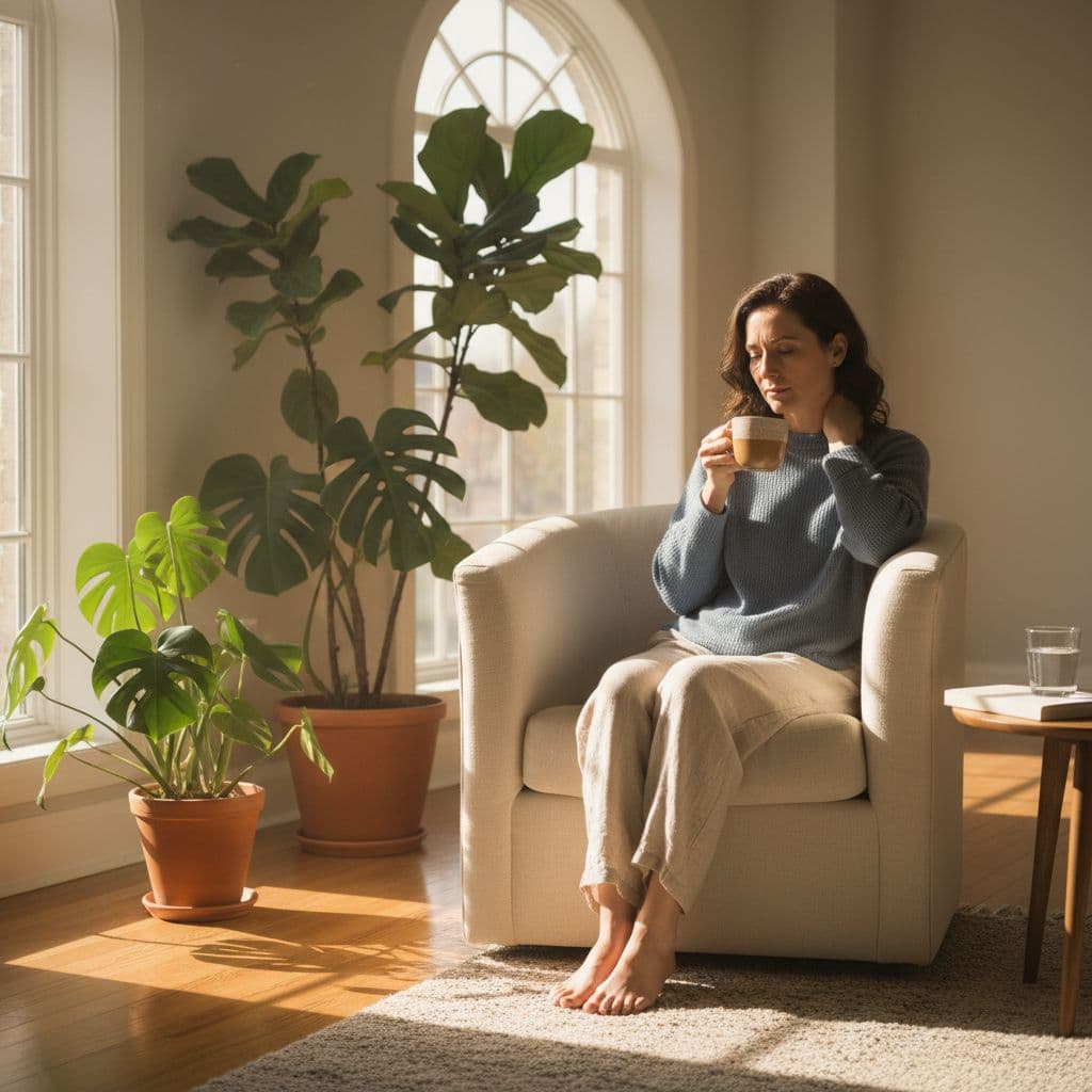Magnesiumtekort simptome wat spiertrekkings en moegheid kan verklaar Natuurlike Medisyne A person sits on a chair in a sunlit living room holding a warm cup of tea.