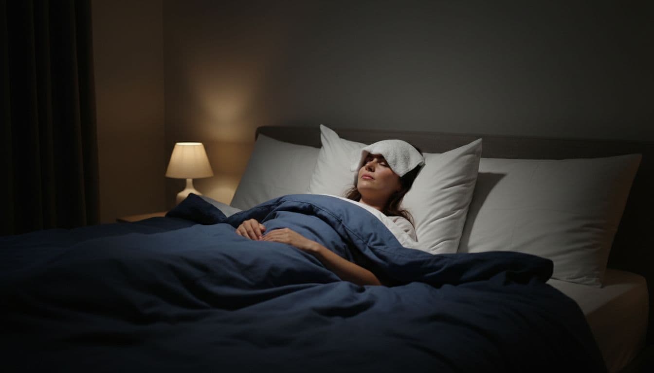 Person lies in cozy bed with eyes closed and damp cloth on forehead in dimly lit bedroom.