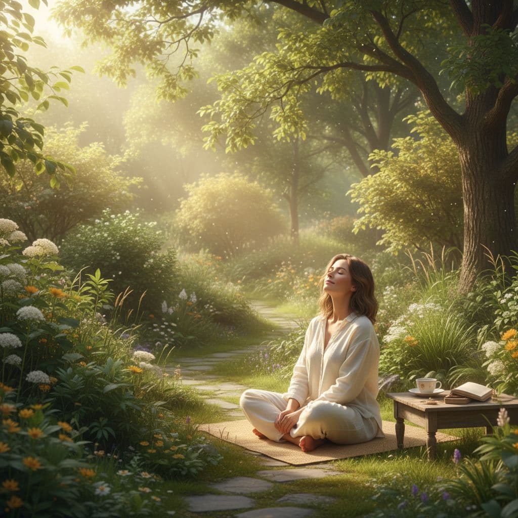 A person sits outdoors in a sunny garden with soft morning sunlight filtering through trees.