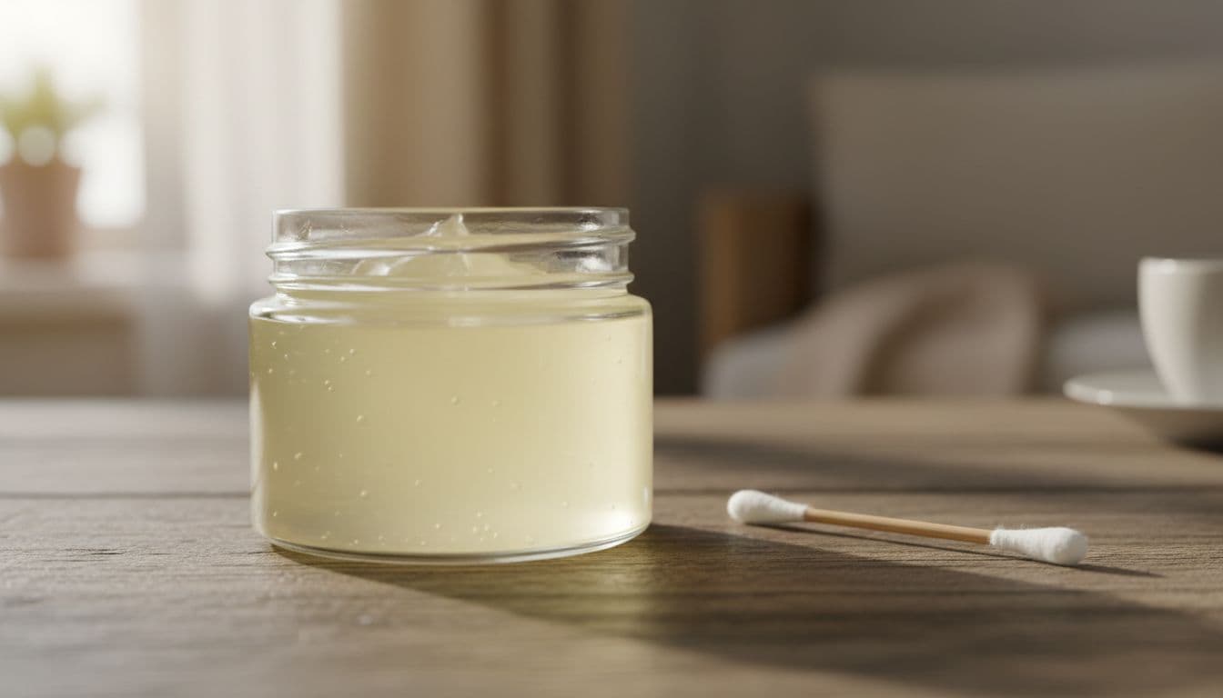 Clean jar of translucent petroleum jelly on wooden table next to cotton swab.