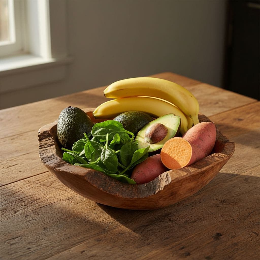 Kaliumtekort Simptome wat Spierswakheid en Hartkloppings Verduidelik Natuurlike Medisyne A rustic wooden bowl contains a fresh selection of bananas, avocados, spinach, and sweet potatoes.