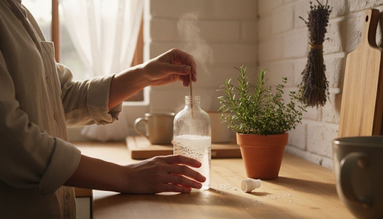 Hands stir salt into warm water in a glass spray bottle on a kitchen counter with herbs nearby.