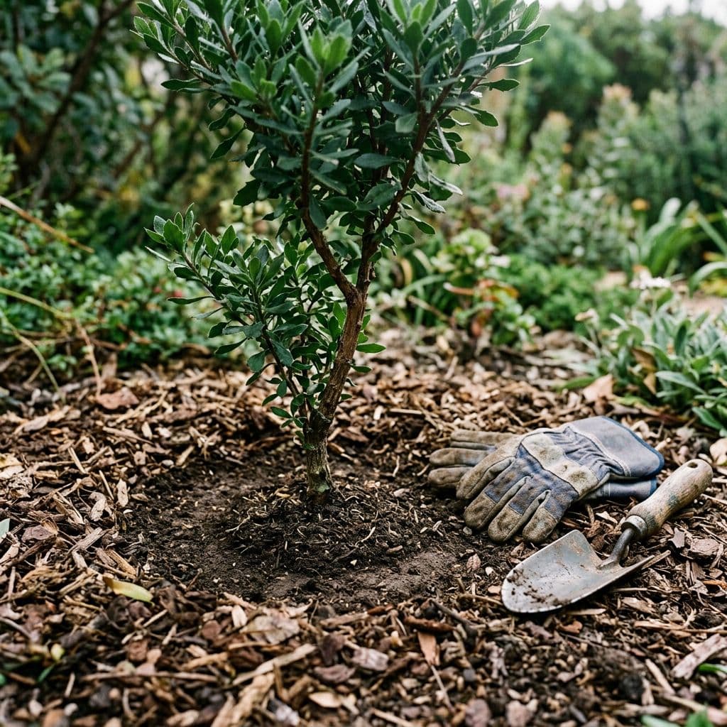 Close-up view of correct mulching technique showing mulch pulled back 10-15 cm from the shrub stem to form a clear ring, avoiding mulch volcanoes, with a small trowel and relaxed gloved hands nearby.