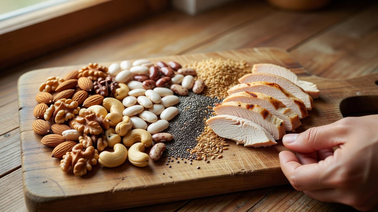 Proteïentekort simptome agter swak spiere en herstel Natuurlike Medisyne A rustic wooden board displays an assortment of legumes, assorted nuts, seeds, and sliced lean meat. A single hand reaches toward the colorful ingredients that highlight fresh textures and natural nourishment.