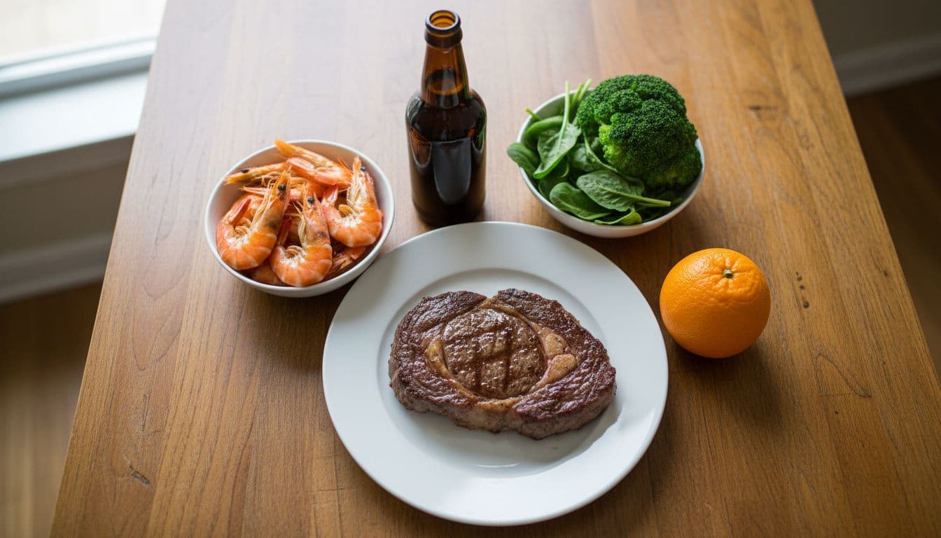 Top-down view of a table with purine-rich foods including red meat, shrimp, beer bottles, lemons, and contrasting vegetables in natural indoor lighting, realistic photo style.