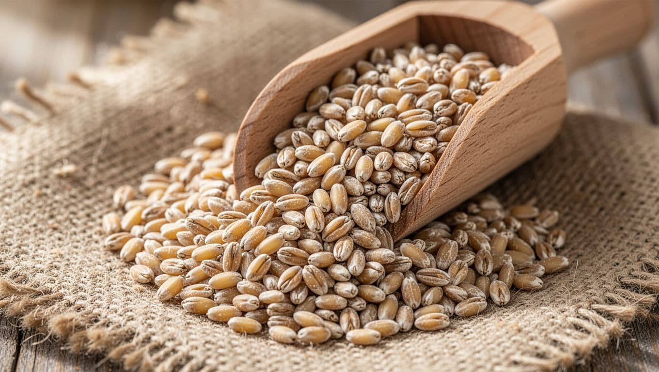 Heap of raw pearl barley grains spilling from a wooden scoop onto a burlap surface, captured in natural daylight with close-up focus on texture and rustic style.