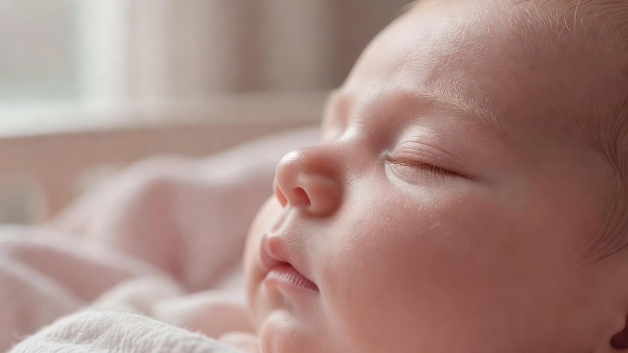 Baba-aknee of melkuitslag, so sien jy die verskil Natuurlike Medisyne Nabyfoto van 'n pasgebore baba se sagte wang in sagte natuurlike lig. Die vel vertoon natuurlik en gesond met fyn tekstuur sigbaar teen 'n vervaagde, kalm agtergrond sonder enige mediese tekens.