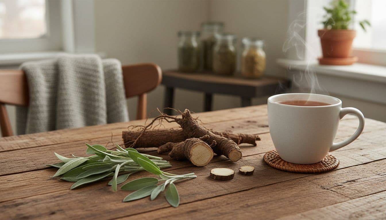 Fresh sage leaves and black cohosh roots on a wooden kitchen table with herbal tea, cozy home setting, soft natural light, realistic photo.