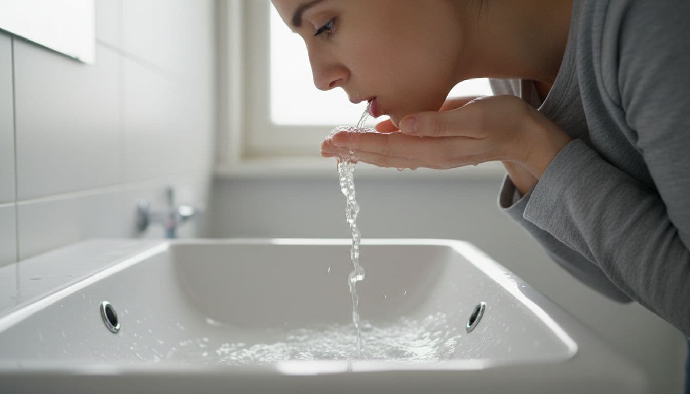 A person gently rinses their mouth with salt water over a sink in a home bathroom, captured in soft natural light with a realistic photo style, focusing on the safe home remedy action for toothache relief.