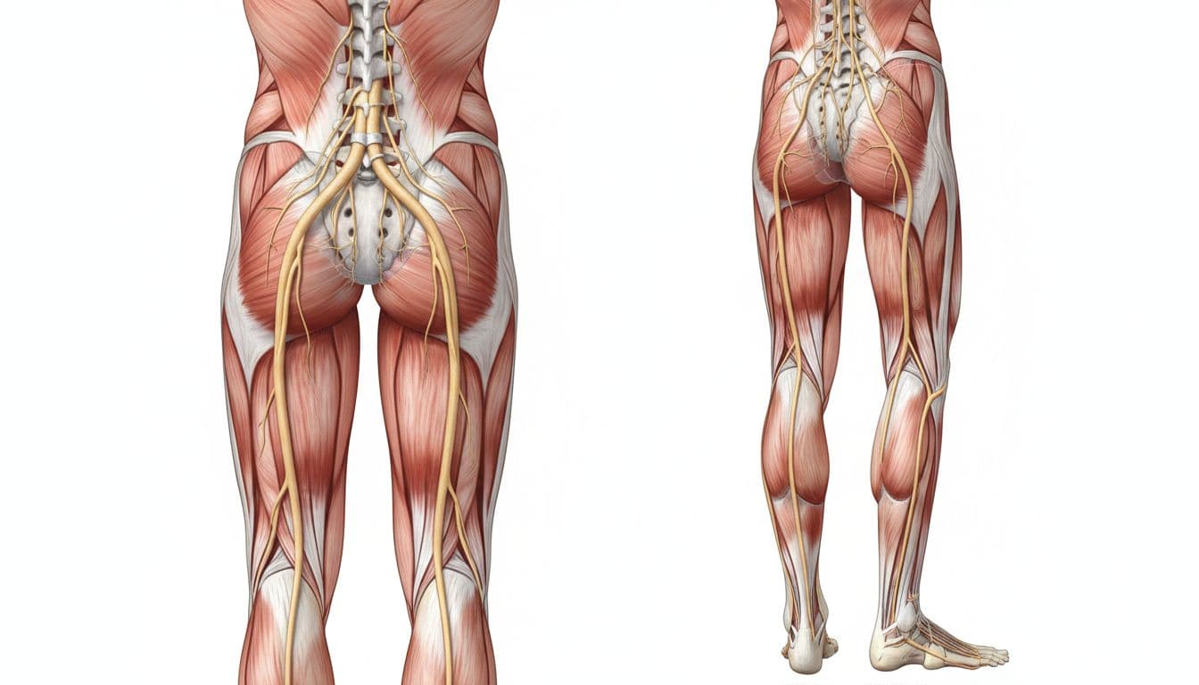 Detailed anatomical diagram shows sciatic nerve from lower lumbar spine through pelvis, buttocks, hamstring, calf to foot with surrounding bones and muscles.