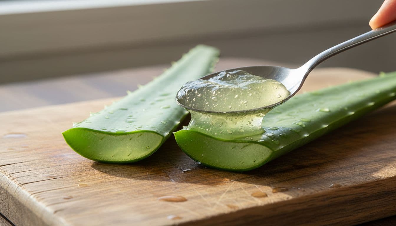 Close-up of fresh aloe vera gel being scooped from a cut aloe leaf on a wooden surface, green translucent gel, natural lighting, simple composition, high detail, no people, no text, no watermarks.